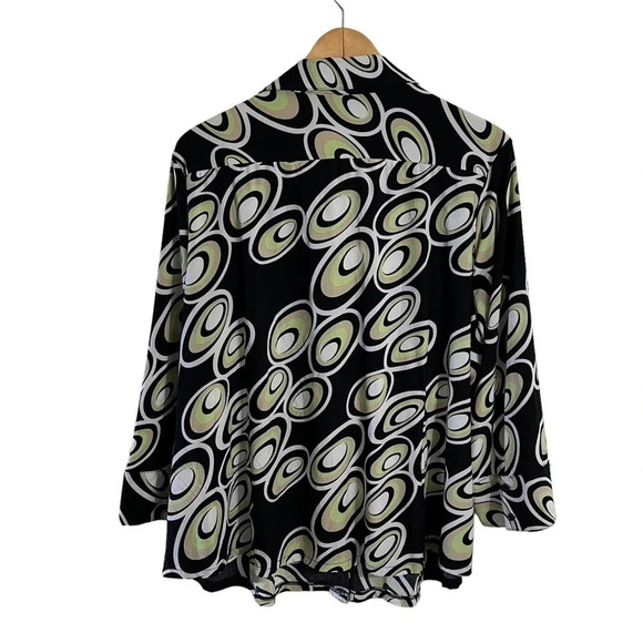 Cato Retro Pattern Button Up Blouse 22W 24W Black Tan Lime Green Circles Collar - Picture 2 of 9